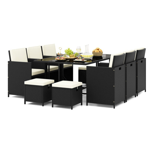 11 Pieces Patio Dining Set with ottomans and glass top table