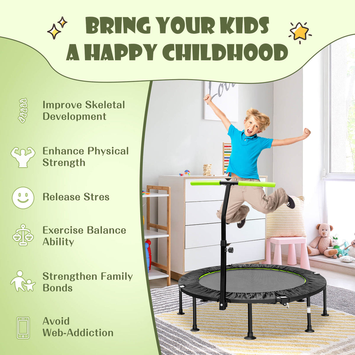 The green mini trampoline is shown with text listing benefits for children's development