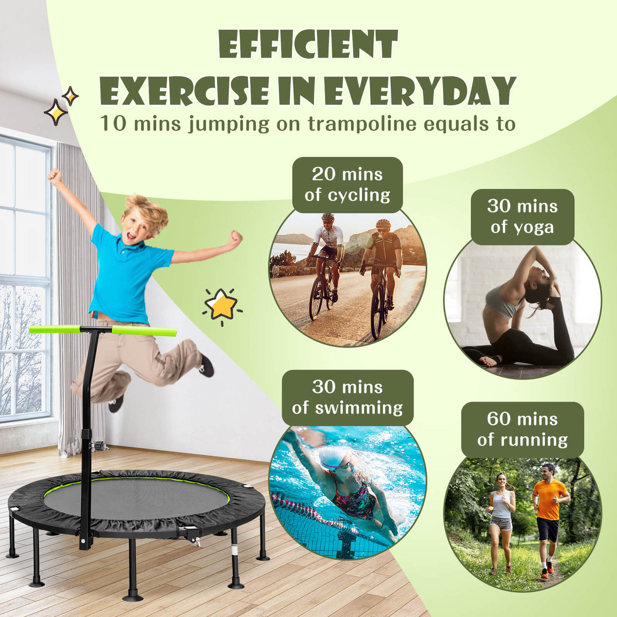 This trampoline is shown with text highlighting exercise benefits and comparisons