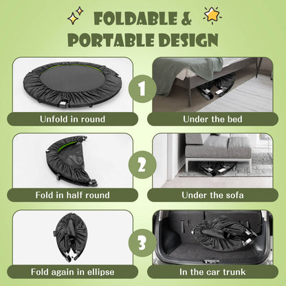 Folding steps for the green mini trampoline, showing it stored under a bed, sofa and in a car