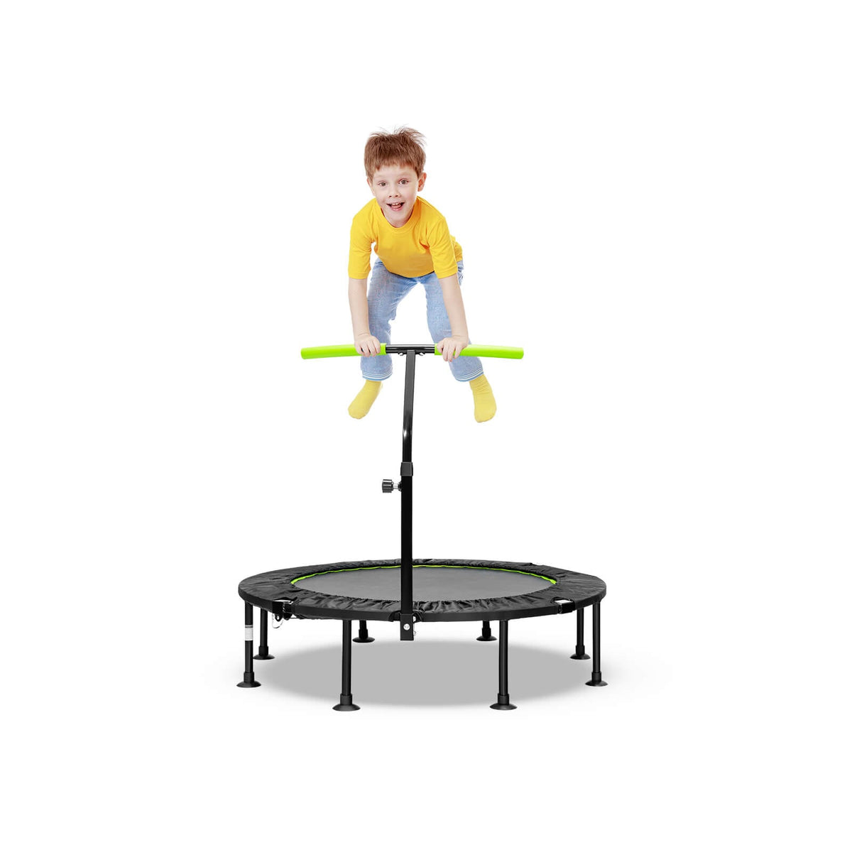 110 CM Mini Trampoline Bounce with Height Adjustable Handrail in green, with a child jumping