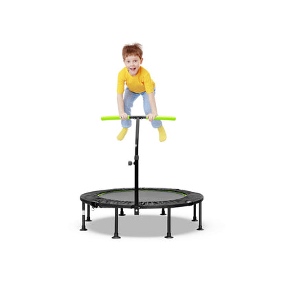 110 CM Mini Trampoline Bounce with Height Adjustable Handrail in green, with a child jumping