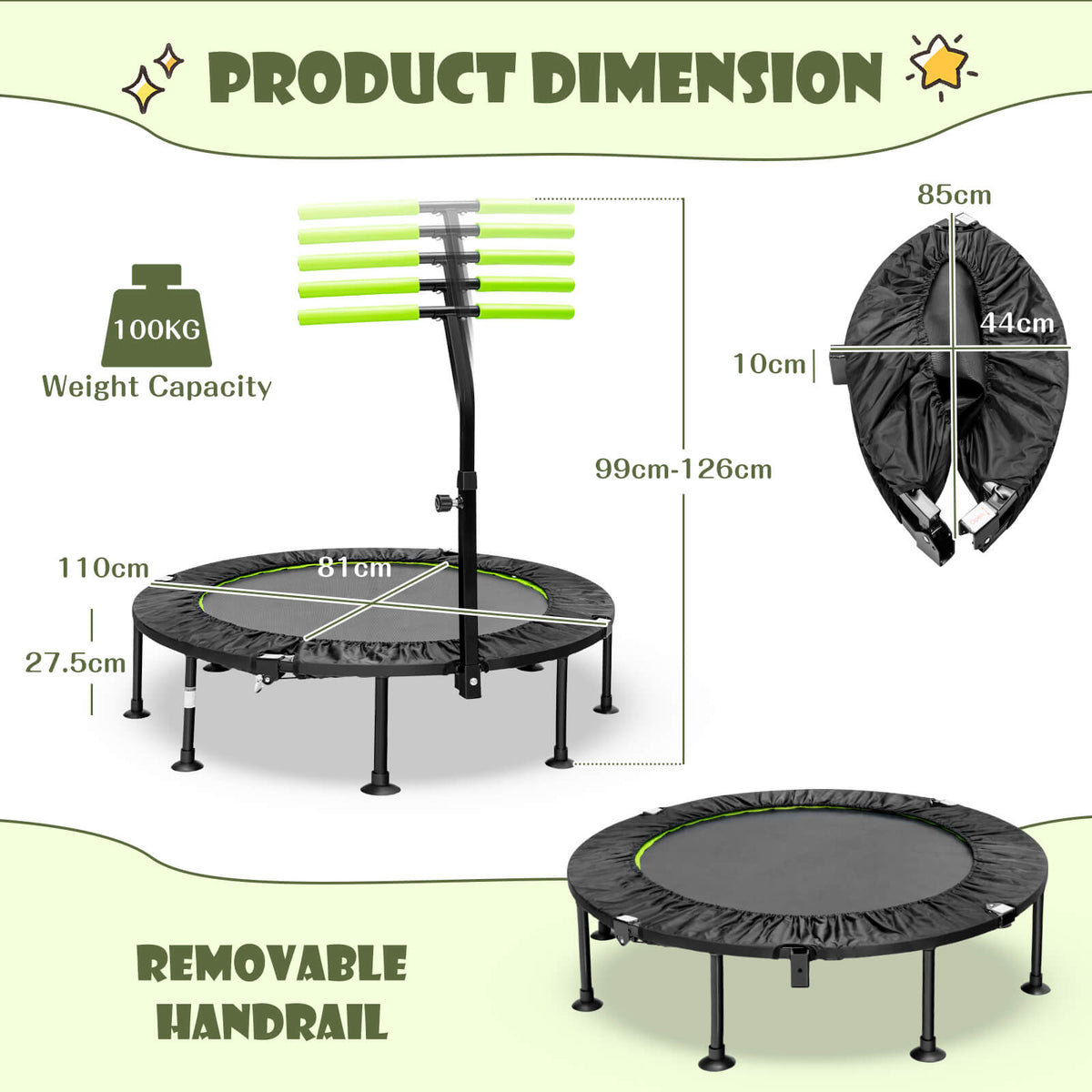 Product dimensions diagram for the green mini trampoline with handrail