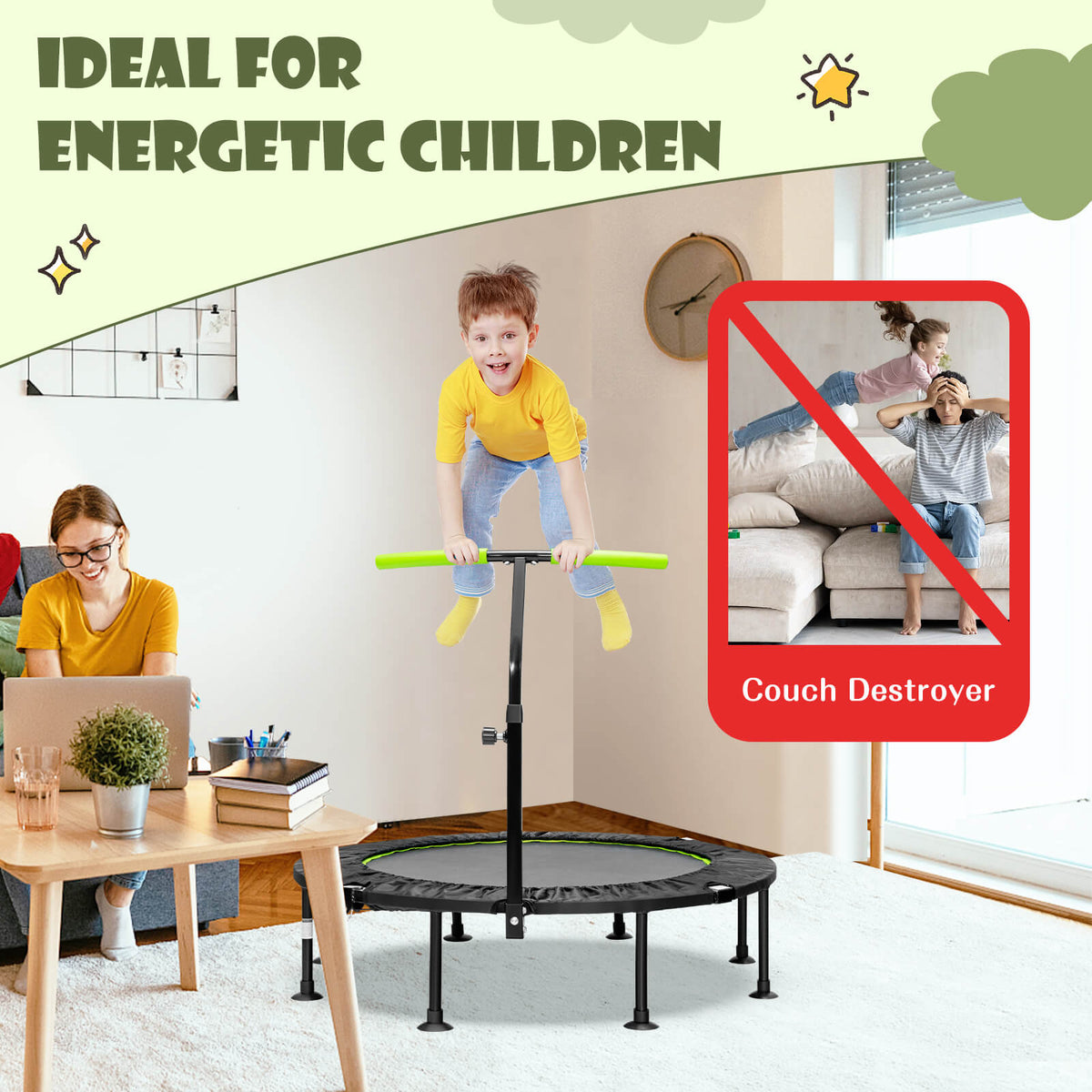 A child bounces on the green mini trampoline, with text warning against using sofas for bouncing