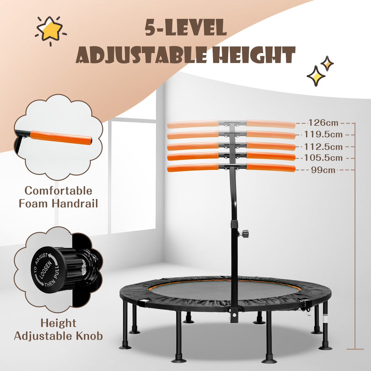 The mini trampoline highlighting the adjustable handrail height levels and knob