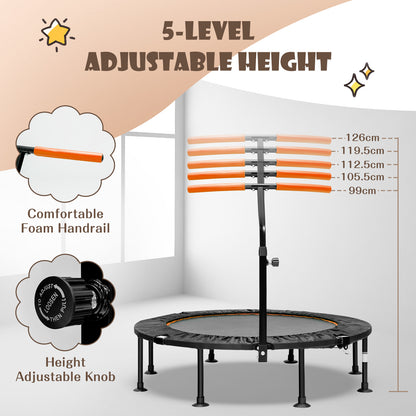 The mini trampoline highlighting the adjustable handrail height levels and knob