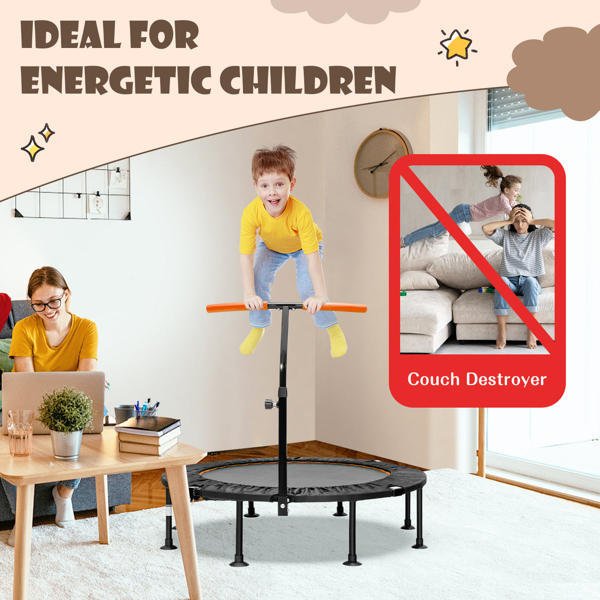 The mini trampoline in a living room with a child jumping while a parent works