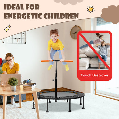 The mini trampoline in a living room with a child jumping while a parent works