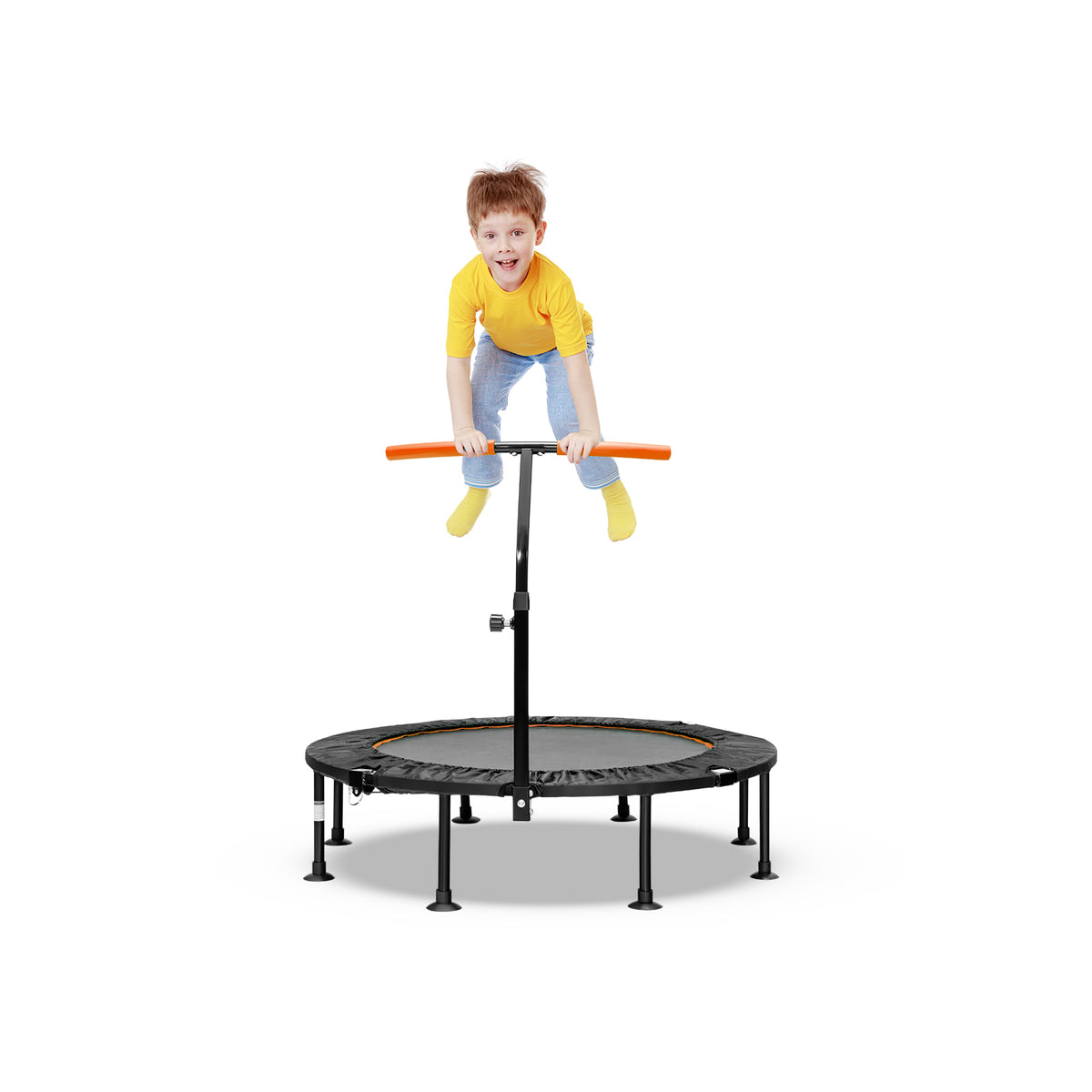 110 CM Mini Trampoline Bounce with Height Adjustable Handrail with a child jumping on it