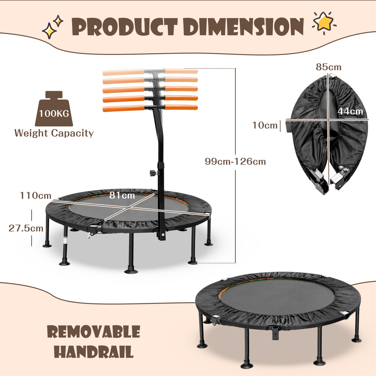 The mini trampoline shown with various dimension labels and a folded view