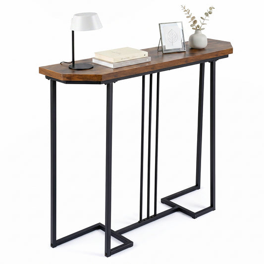 110 CM Narrow Entryway Table with faux marble top and black metal legs