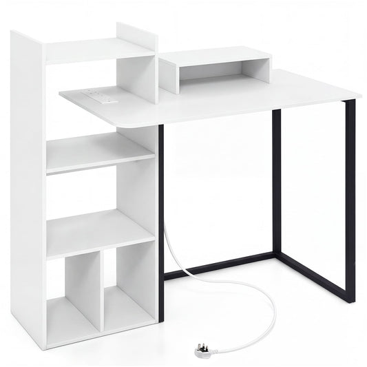 110CM Computer Desk with Charging Station and Ergonomic Monitor Stand-White