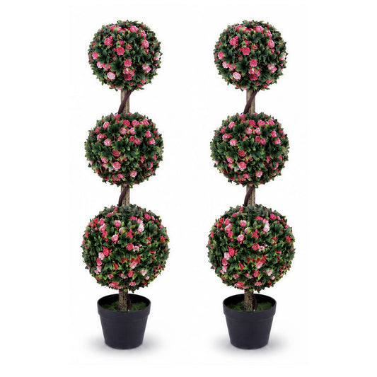 110cm Artificial Triple Ball Rose Topiary Tree with lifelike blooms and green leaves