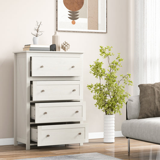 The white four-drawer chest with drawers open, shown in a bedroom setting