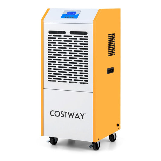 110L/Day Portable Commercial Dehumidifier with Pump Drain Hose in yellow and white on wheels