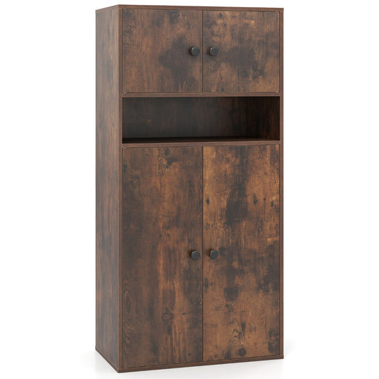 111 cm Tall Bookcase with four doors and an open middle shelf in a rustic brown wood finish
