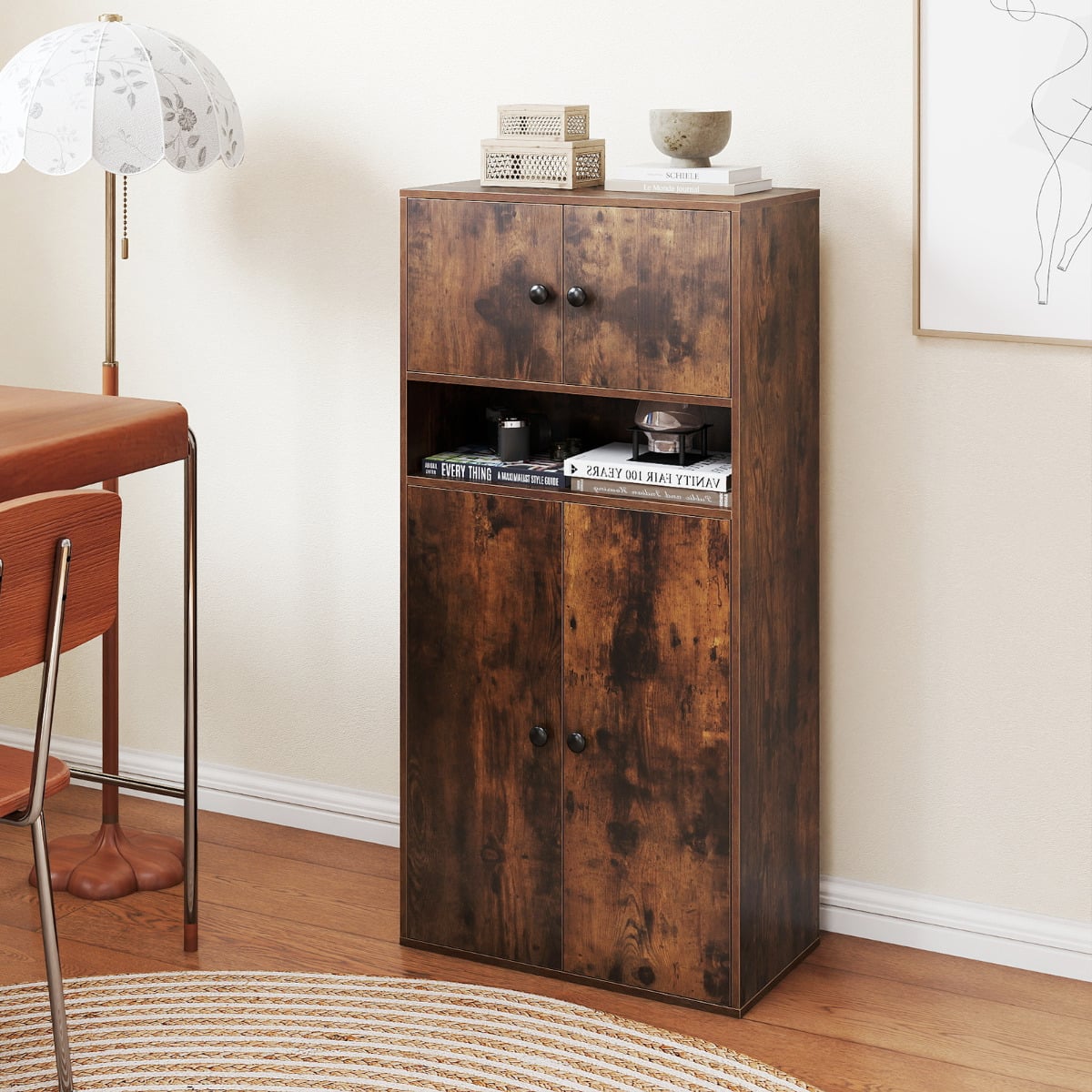 111 cm Tall Bookcase with 4 Doors 4-Tier Modern Storage Organizer with and Adjustable Shelf-Rustic Brown