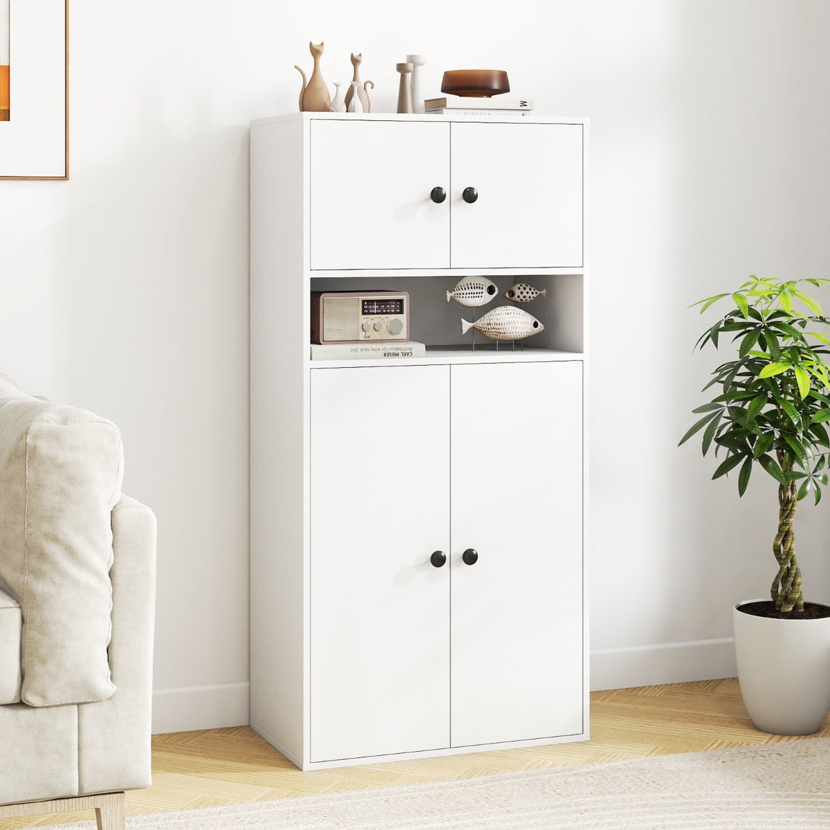 111 cm Tall Bookcase with 4 Doors 4-Tier Modern Storage Organizer with and Adjustable Shelf-White