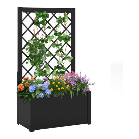 112CM Metal Planter Box with Trellis for Climbing Plants in black with green plants and colourful flowers
