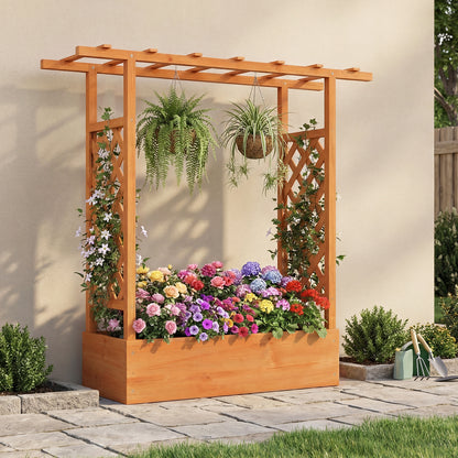 114cm Tall Wooden Raised Garden Bed with Side Trellis and Hanging Roof-Orange