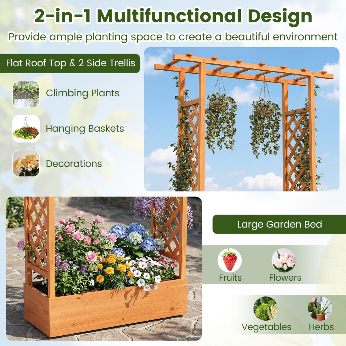 114cm Tall Wooden Raised Garden Bed with Side Trellis and Hanging Roof-Orange