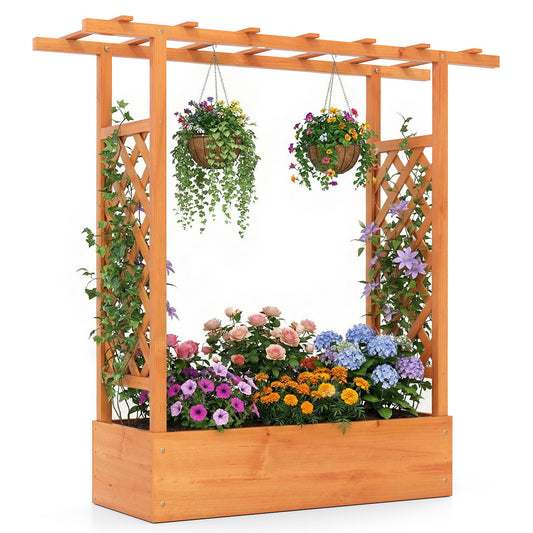 114cm Tall Wooden Raised Garden Bed with side trellis and hanging roof in orange