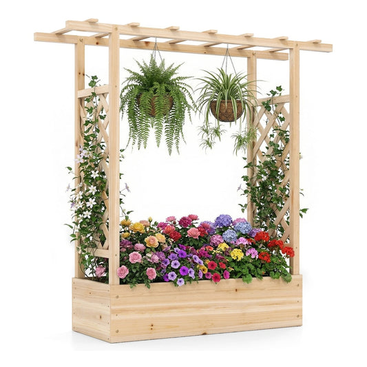 114cm Tall Wooden Raised Garden Bed with side trellis and hanging roof, a wooden planter filled with colourful flowers
