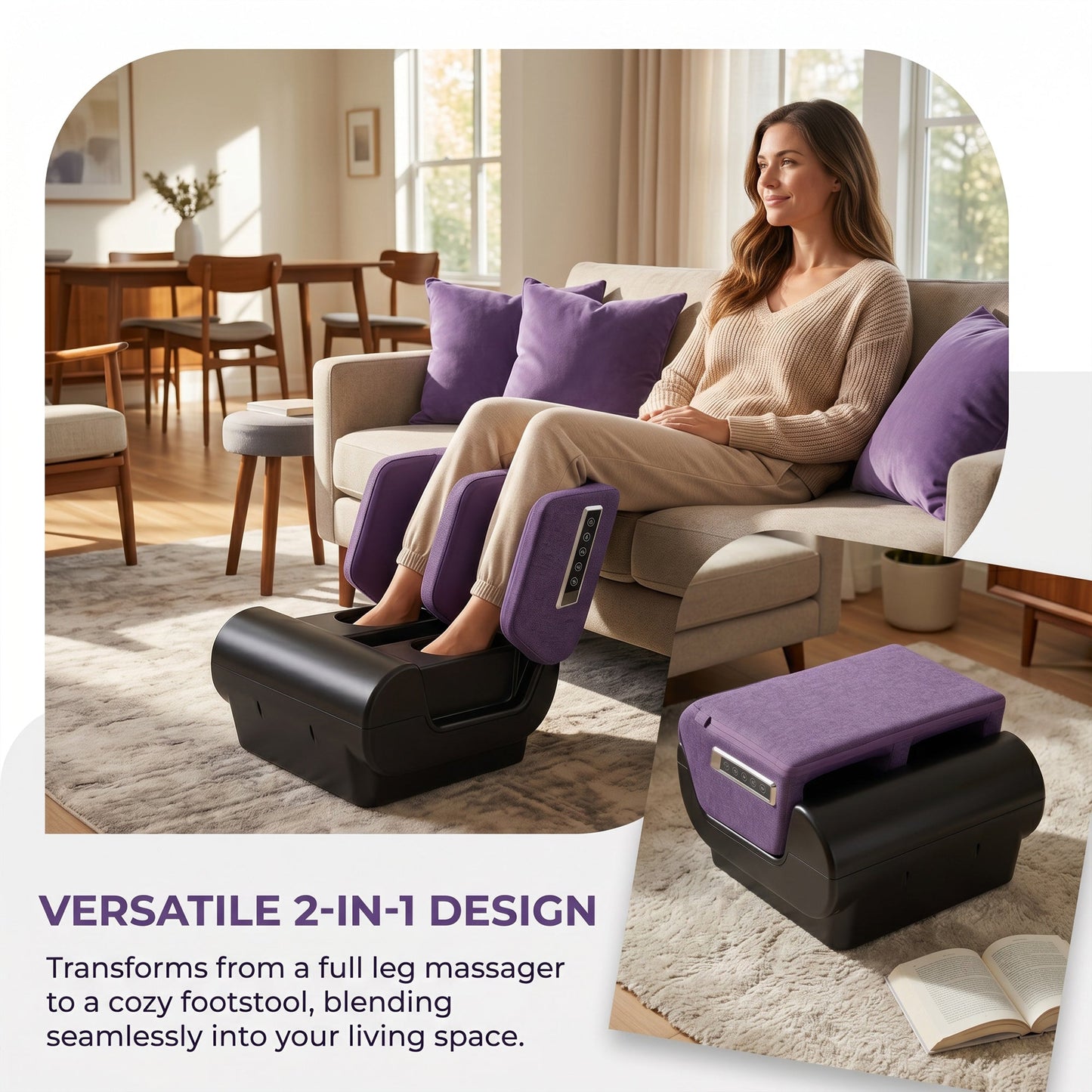 HOMCOM 2 in 1 Foot and Calf Massager with Heat, Air Compression, Timer, 3 Modes & Intensities, Purple and Black