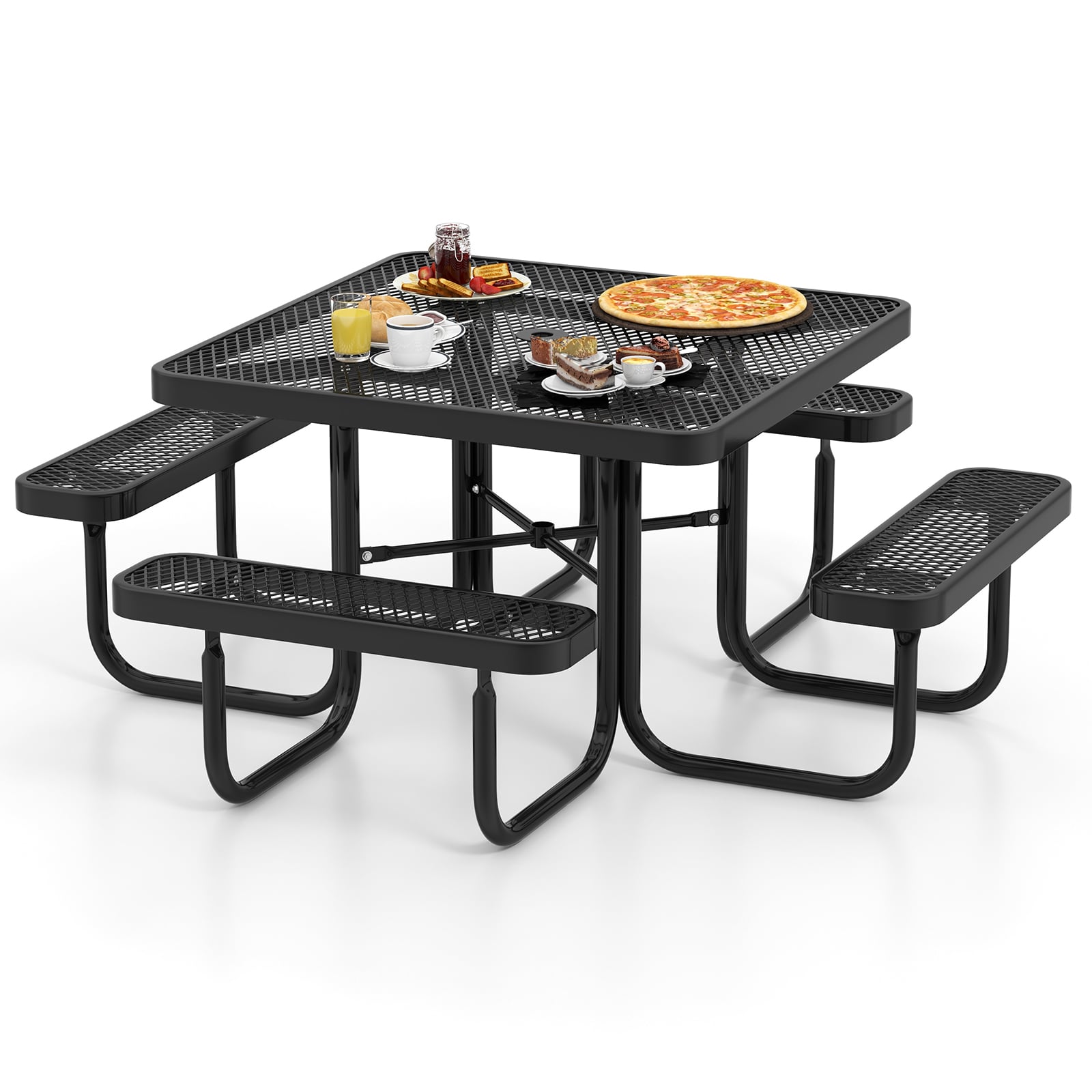 116 cm Coated Steel Square Camping Picnic Table and Bench for 8-Black