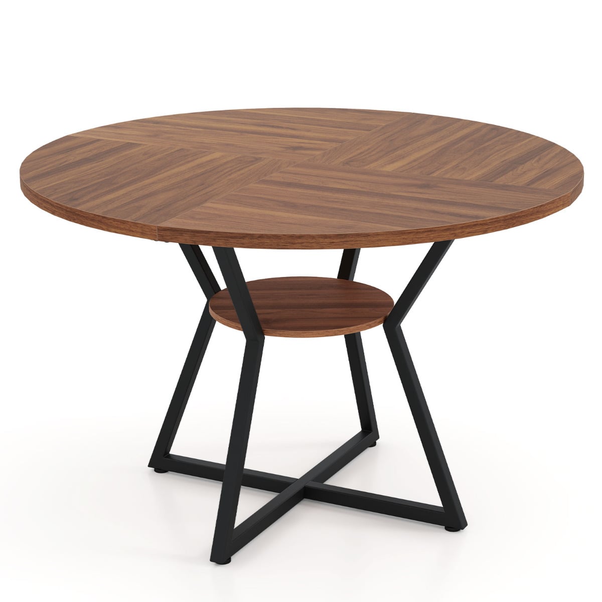 118 CM Round Dining Table with Storage Shelf and Wooden Tabletop-Brown