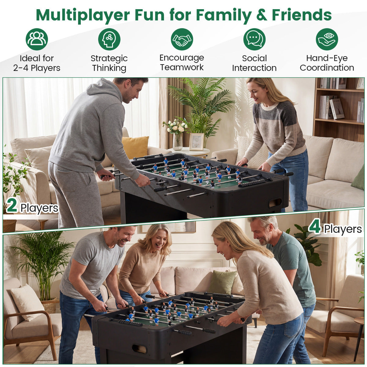 the soccer game table shown in two different scenarios for two and four players