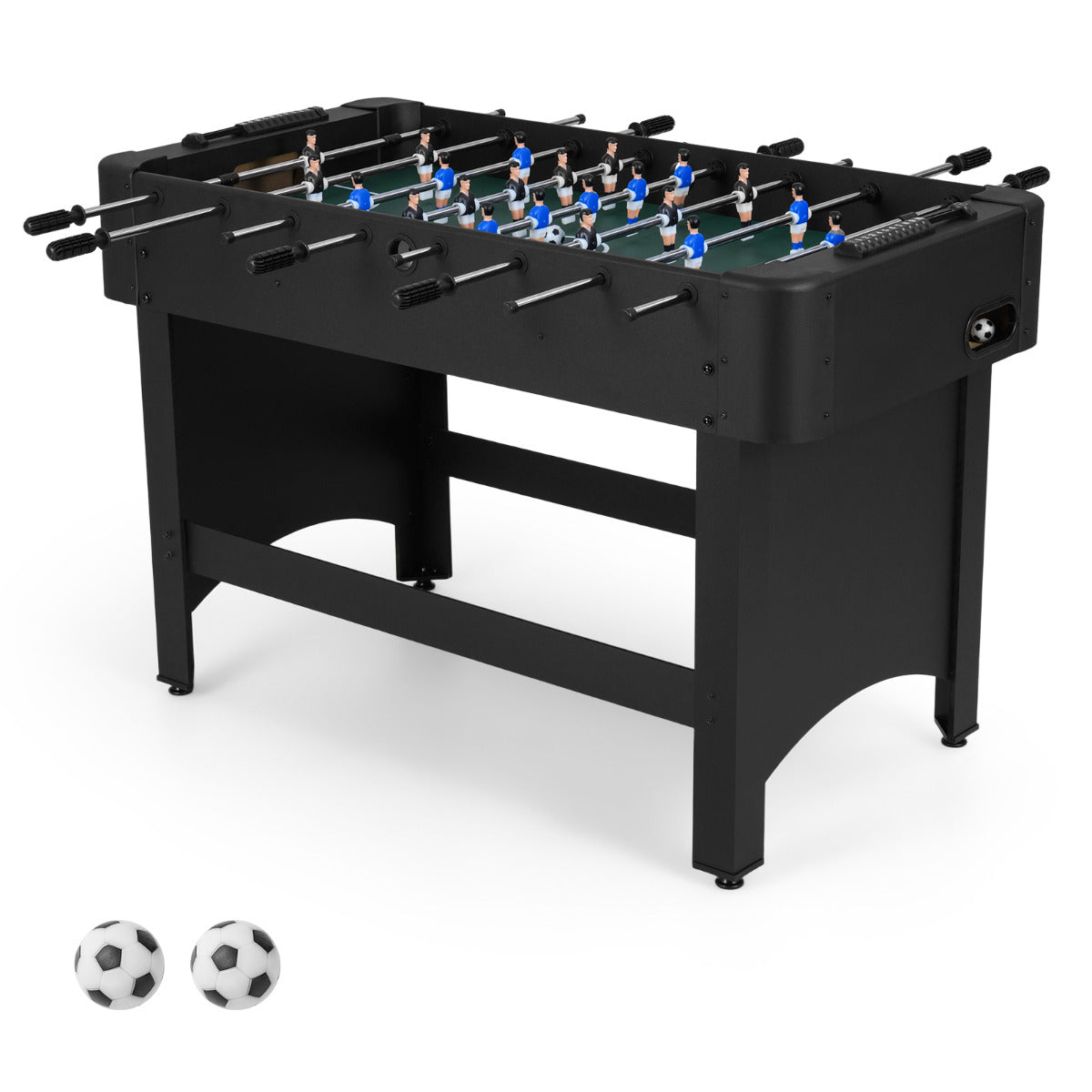 the soccer game table shown from the opposite side with two footballs on the floor