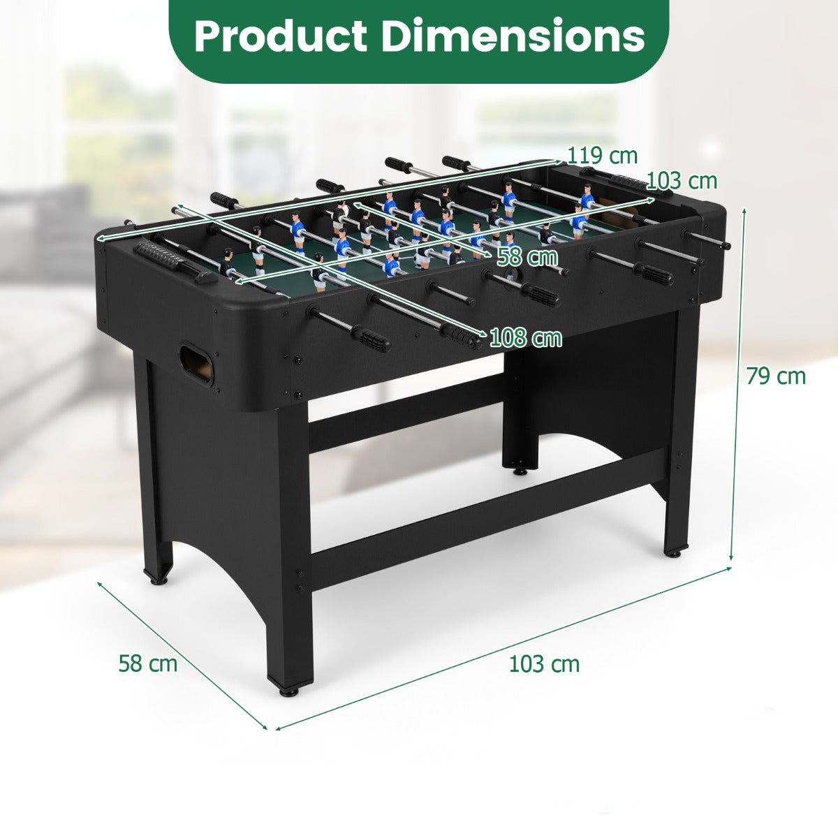 the soccer game table with green text overlays showing the dimensions of the unit