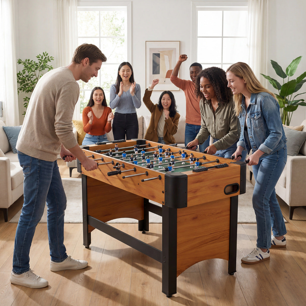 The soccer table being played by a group of friends in a bright living room setting