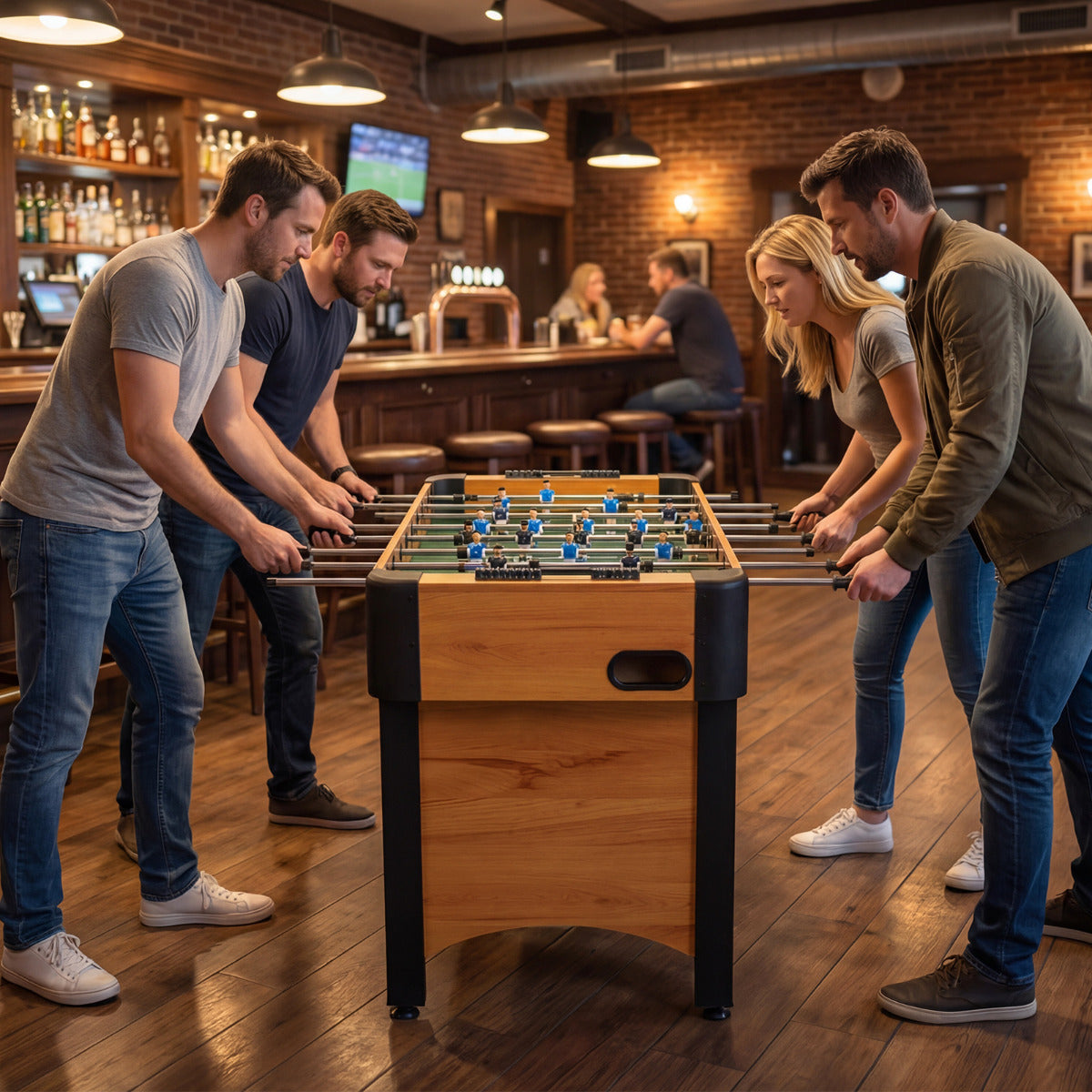 The soccer table in use by four people inside a pub with wooden flooring and bar