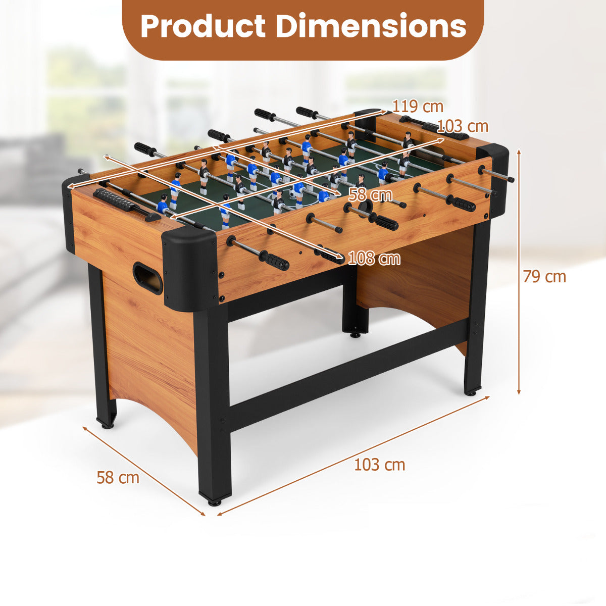The soccer table with overlaid lines and text showing the product dimensions