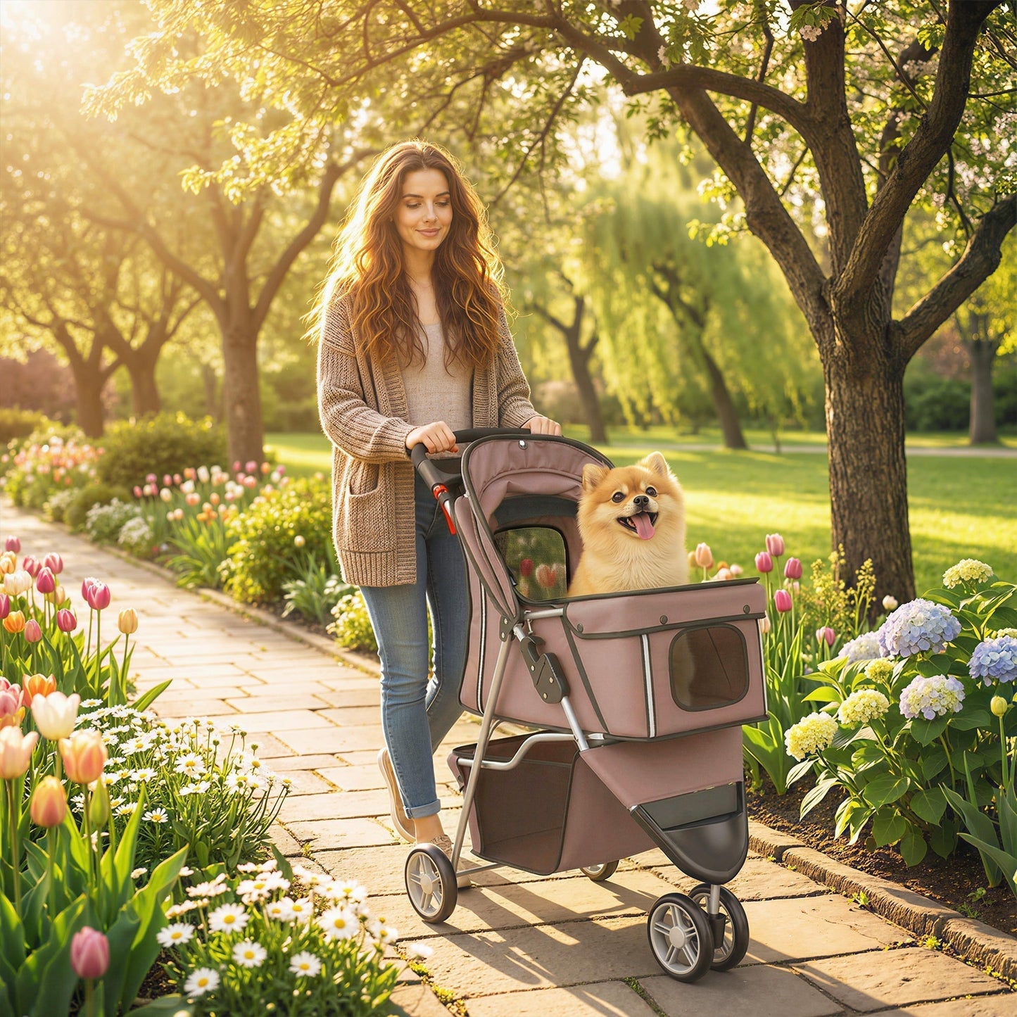 PawHut Dog Stroller, 3 Wheels Foldable Pet Stroller with Adjustable Canopy, Storage Basket for Small Mini Breeds, Coffee