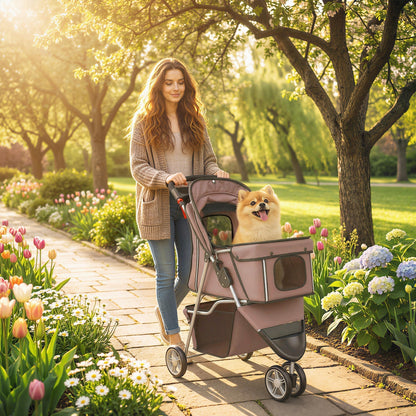 PawHut Dog Stroller, 3 Wheels Foldable Pet Stroller with Adjustable Canopy, Storage Basket for Small Mini Breeds, Coffee