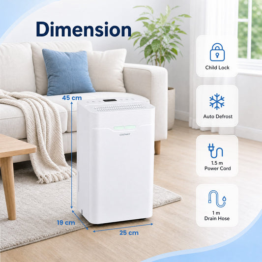 Dimension diagram for the dehumidifier showing its height, width and depth in centimetres