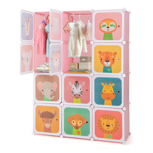 12 Cube Portable Kids Wardrobe with Hanging Section in pink with cartoon animal doors
