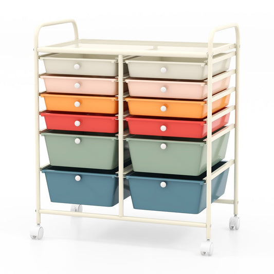 12 Drawers Rolling Storage Cart with 4 wheels and brakes, colourful drawers and a cream frame