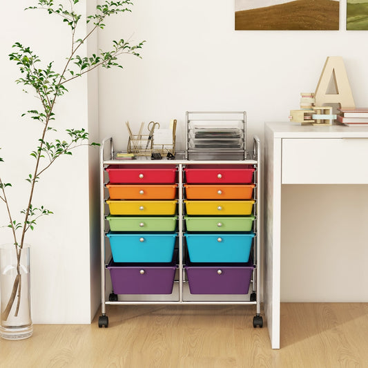 Multicolor rolling storage cart with 12 drawers in a home office setting