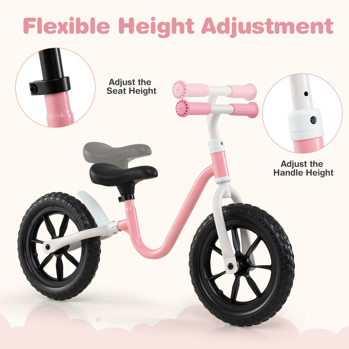 The balance bike with circular insets showing how to adjust the seat and handle height