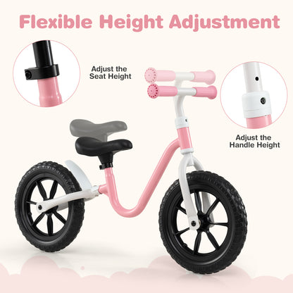 The balance bike with circular insets showing how to adjust the seat and handle height