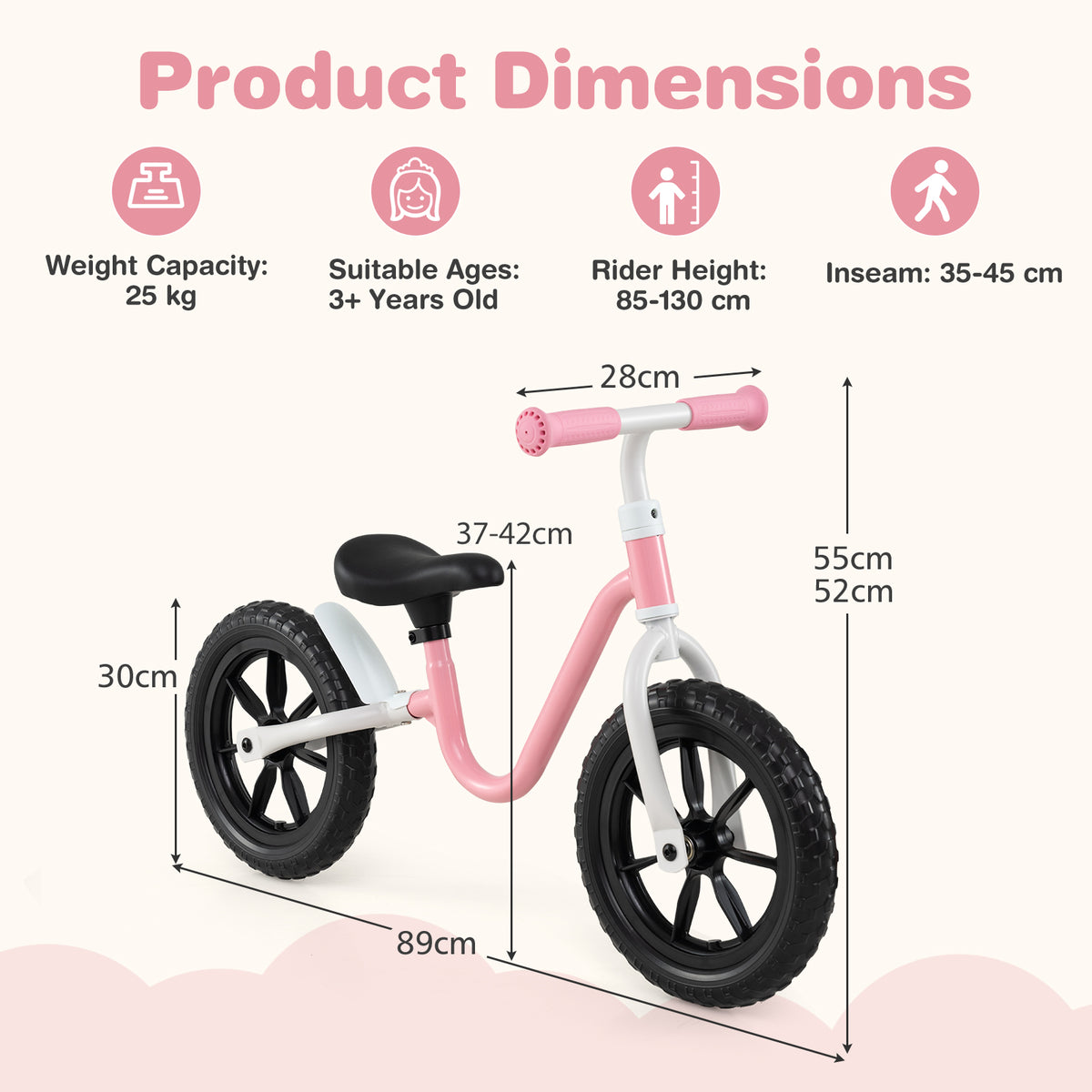 The balance bike shown with technical dimension lines and labels for height and length