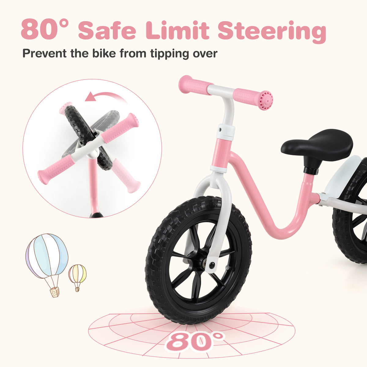 The balance bike with a circular inset illustrating the limited steering angle for safety