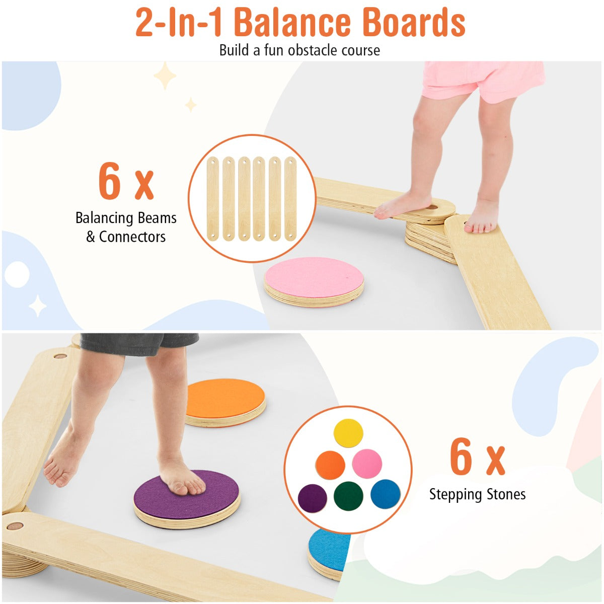 Close up of the wooden balance beam connectors and colourful stepping stones