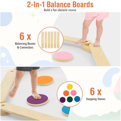 Close up of the wooden balance beam connectors and colourful stepping stones