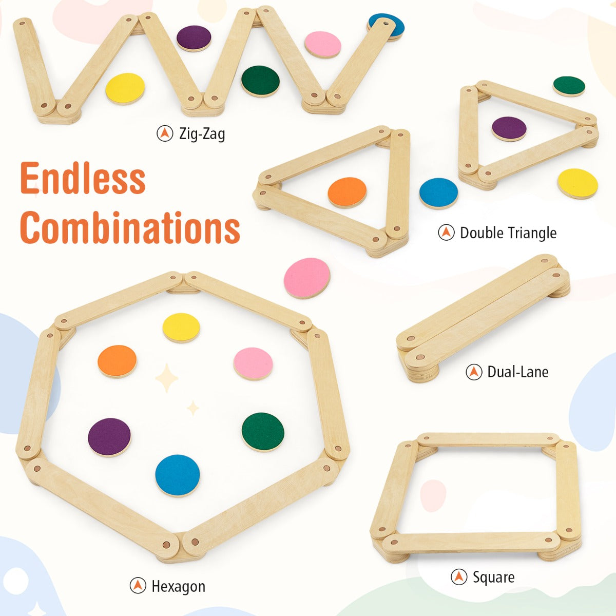 Various configurations of the wooden balance beam toy including zig-zag and square shapes