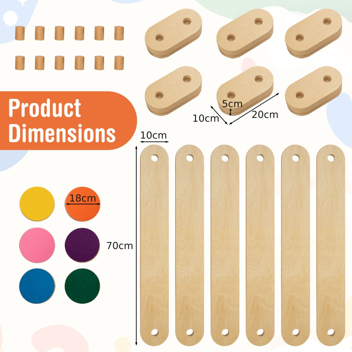 Product dimensions diagram showing the wooden balance beam parts and colourful stepping stones